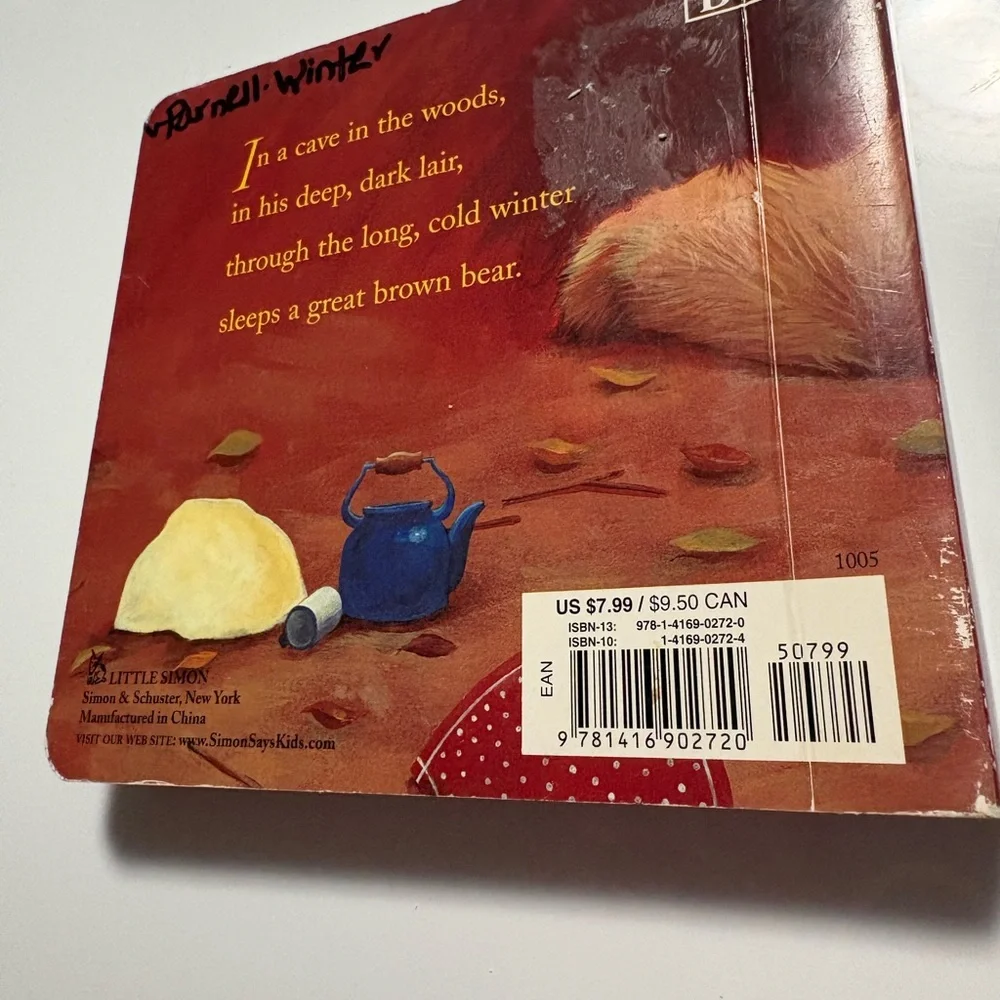 Bear snores on wooden book